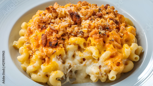 Cheesy baked mac and cheese with crispy breadcrumb topping on white plate – Comfort food close-up