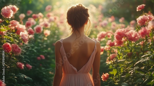 Woman Walking Through a Blooming Rose Garden During Golden Hour