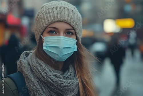Woman Wearing a Face Mask in a Busy Urban Street During Winter Afternoon