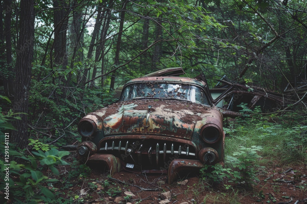Abandoned classic car overgrown by vegetation in a forest setting, showcasing nature reclaiming the environment Abandoned classic car overgrown by vegetation in a forest setting, showcasing nature reclaiming the environment