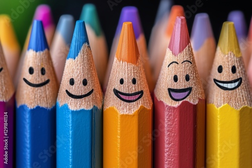 Colorful Smiling Crayons Lined up in a Cheerful Arrangement on a Sunny Table