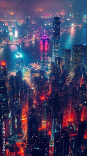 City Skyline Illuminated at Night With Vibrant Lights Over the Harbor