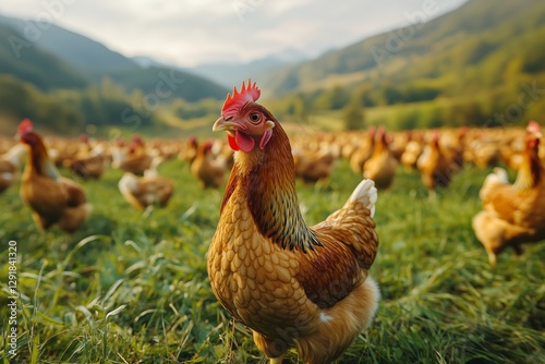 Chickens Foraging in a Lush Green Field With Mountains in the Background Duri...