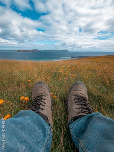 Relaxing by the Oceans Edge With Boots on Grass Under a Bright Blue Sky