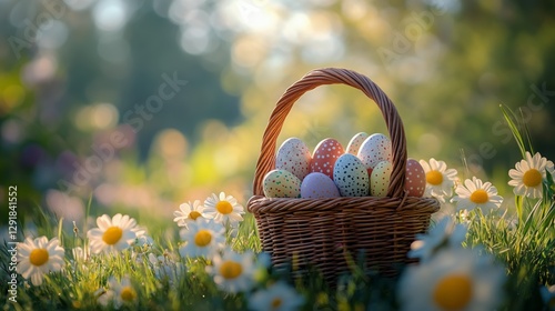 Colorful Easter Eggs in a Woven Basket Placed Among Vibrant Spring Flowers