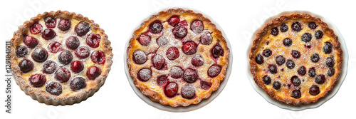 Collection of freshly baked cherry clafoutis dusted isolated on a transparent background