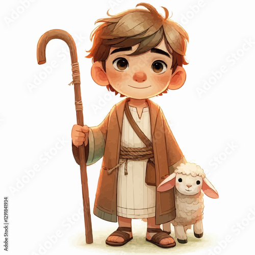 Kids story book cartoon Bible illustration of little David the shepherd boy 