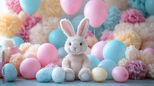 Festive Spring Celebration With Pastel Decorations and a Cute Bunny Figure