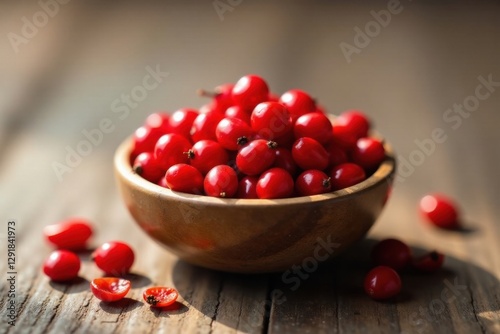 A wooden bowl brimming with vibrant, sunlit red berries, scattered on a rustic wooden surface