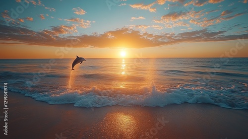 Dolphins jumping in the distance near a calm, sandy beach at sunset 