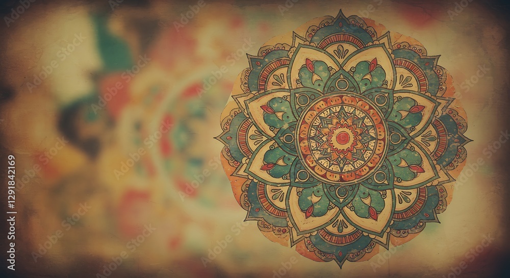 Fototapeta premium Intricate colorful floral mandala pattern with detailed geometric design, set against a blurred background of warm earthy tones, concept for spiritual healing, yoga studio branding and cultural art