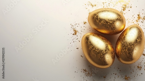 Golden Eggs Surrounded by Glitter on a Light Background Create a Festive Atmo...