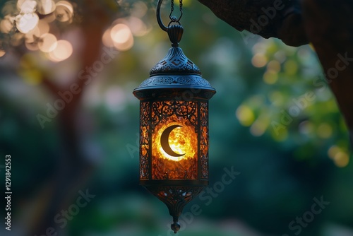 Lantern Illuminating a Serene Night With Moon and Bokeh Lights in the Background