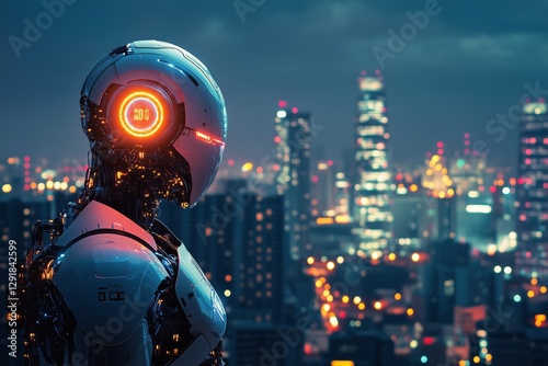 Futuristic Robot Stands Overlooking a Bustling City Skyline at Twilight