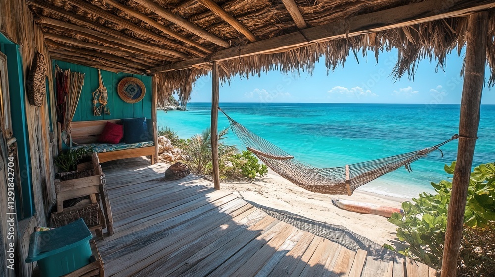 Fototapeta premium Cozy beach hut with thatched roof, hammock, and view of the turquoise ocean 