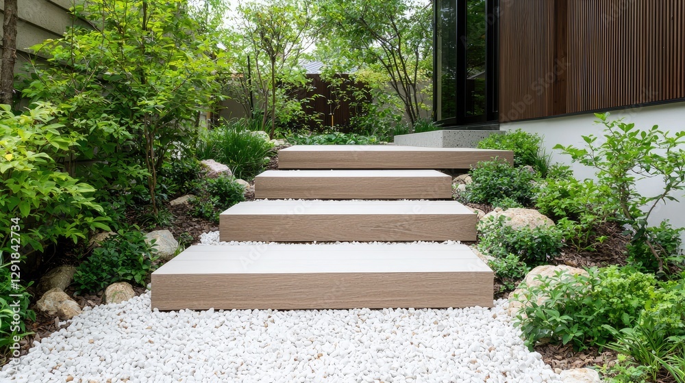 Modern wooden steps leading down garden path Modern wooden steps leading down garden path