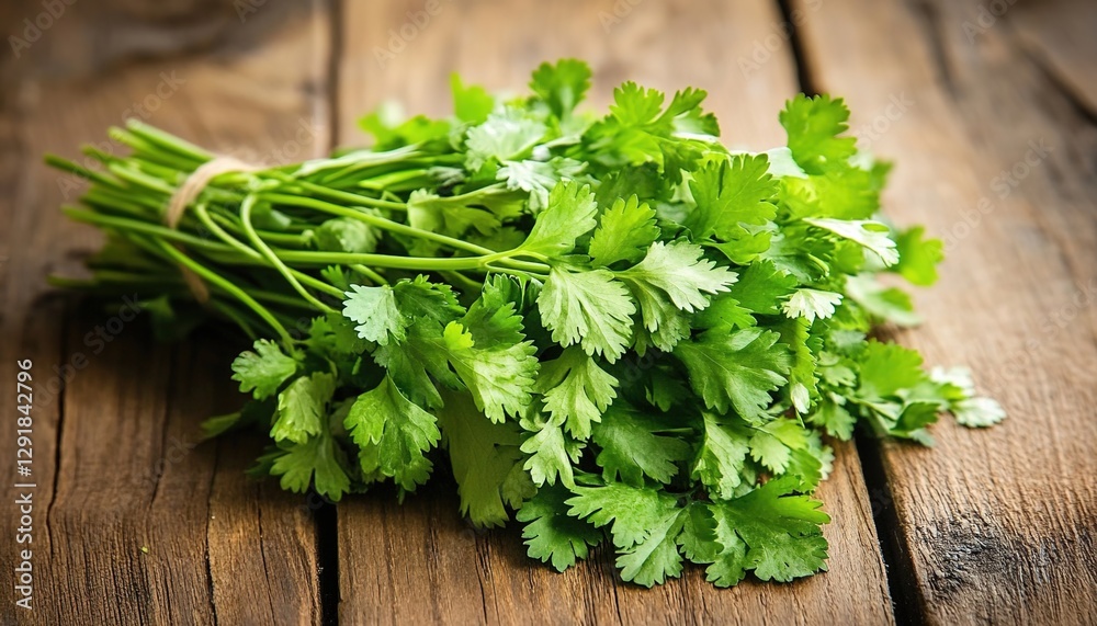 A bunch of fresh green coriander sprigs on a wooden table, a realistic photo shoot with natural lighting, an aesthetic for advertising photography A bunch of fresh green coriander sprigs on a wooden table, a realistic photo shoot with natural lighting, an aesthetic for advertising photography