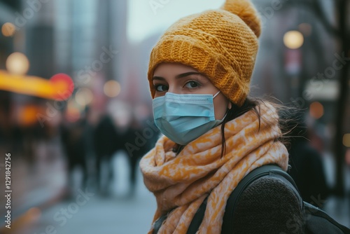 Woman Wearing a Face Mask in a Busy Urban Street During Winter Afternoon