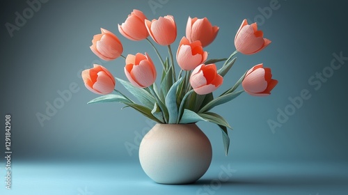 Colorful Paper Flowers in Blue Vases Against a Vibrant Blue Background Showca...