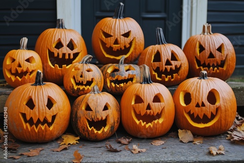 Jack-o-lantern Display on a Porch During Halloween Evening Celebration