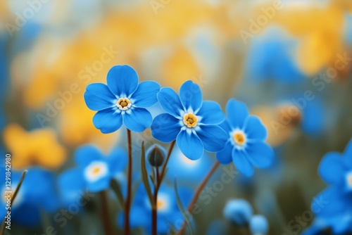 Bright Blue Flowers Bloom Among Vibrant Yellow Blossoms in a Garden During Sp...