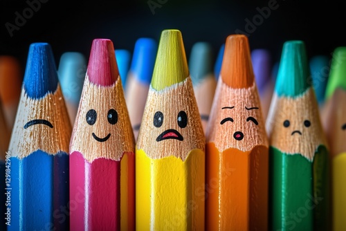 Colorful Smiling Crayons Lined up in a Cheerful Arrangement on a Sunny Table