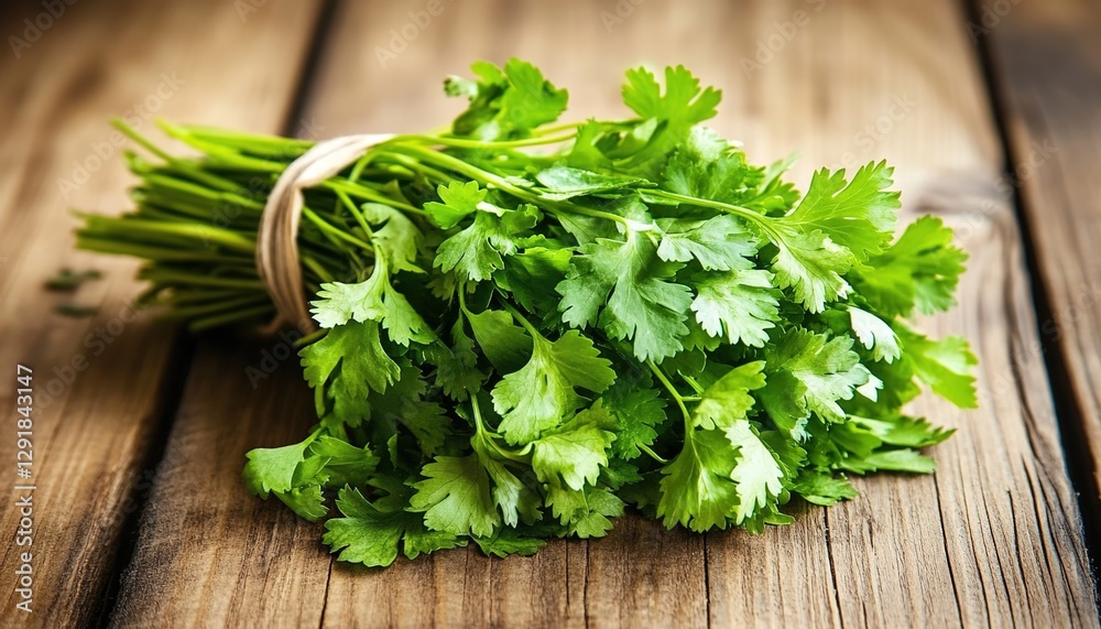 A bunch of fresh green coriander sprigs on a wooden table, a realistic photo shoot with natural lighting, an aesthetic for advertising photography A bunch of fresh green coriander sprigs on a wooden table, a realistic photo shoot with natural lighting, an aesthetic for advertising photography