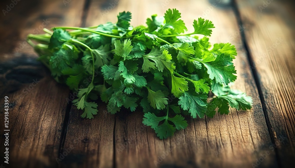 A bunch of fresh green coriander sprigs on a wooden table, a realistic photo shoot with natural lighting, an aesthetic for advertising photography A bunch of fresh green coriander sprigs on a wooden table, a realistic photo shoot with natural lighting, an aesthetic for advertising photography