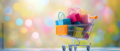 Abstract shopping cart with colorful bags and boxes on a blurred background, a banner for an online store sale or a creative advertising concept. photo