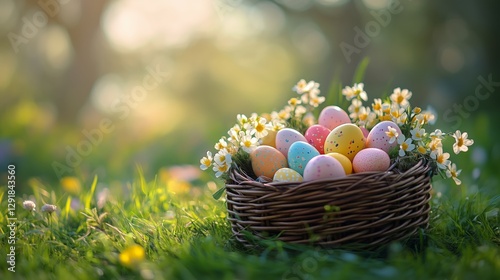 Colorful Easter Eggs in a Woven Basket Placed Among Vibrant Spring Flowers