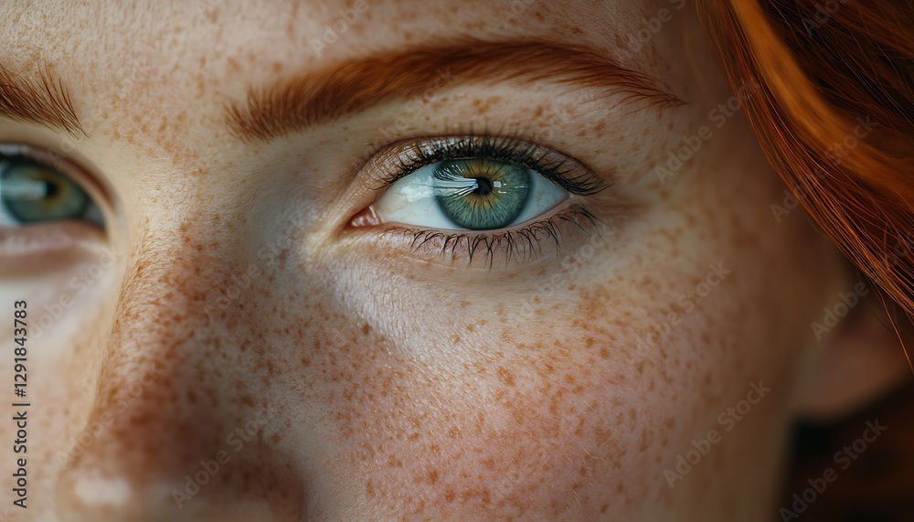 Freckled woman, green eyes, close-up, beauty Freckled woman, green eyes, close-up, beauty