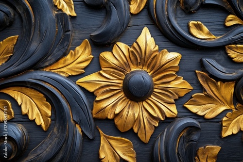 Gold Floral Patterns on a Textured Black Surface Create a Striking Visual Effect