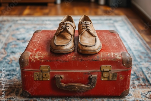 Classic Brown Shoes Resting on a Vintage Red Suitcase in a Cozy Interior Setting