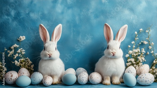 Two White Rabbits Surrounded by Pastel Eggs and Flowers in a Festive Spring S...