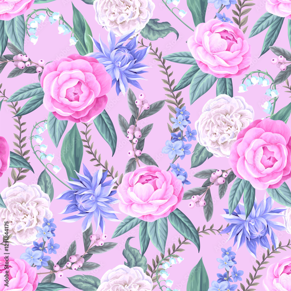 Seamless pattern with camelia flowers and other flowers. Vector. Seamless pattern with camelia flowers and other flowers. Vector.