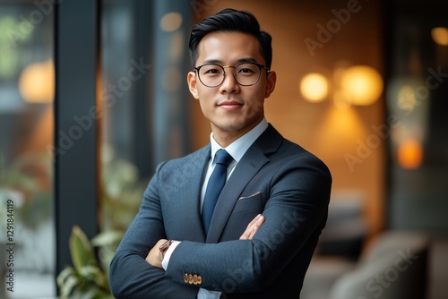 Professional Man in Suit Poses Confidently in Modern Office Setting
