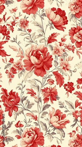 Wallpaper Mural Vintage floral pattern with red and beige botanical elements on fabric Torontodigital.ca
