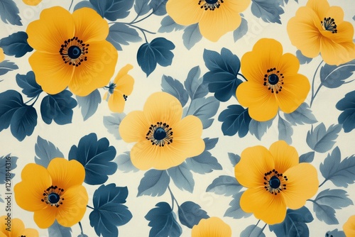 Vibrant Yellow Flowers With Leaves on a Cream Background Creating a Lively Fl...