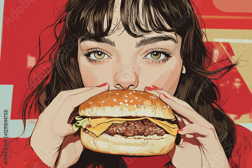 Young woman holding a large hamburger with vibrant background during daytime restaurant visit