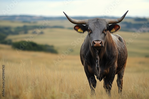 Bull Stands Proudly in Vast Grassy Field Under Cloudy Sky in Rural Landscape