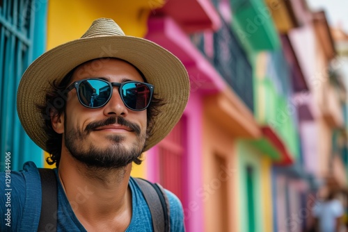 Vibrant City Exploration With a Man in Sunglasses and a Straw Hat Enjoying Co...