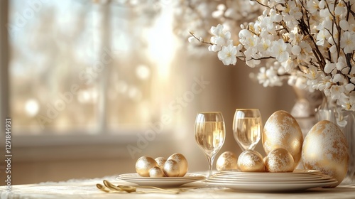 Elegant Spring Gathering With Golden Eggs and Floral Decoration in a Bright S...