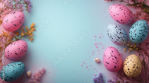 Colorful Easter Eggs Arranged With Delicate Flowers on a Pastel Background Du...
