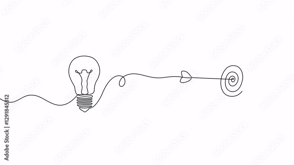 Video. Continuous drawing of one edited light bulb and target line in the center with an arrow. Business concept to achieve the goal. Animation on white background. 4K.