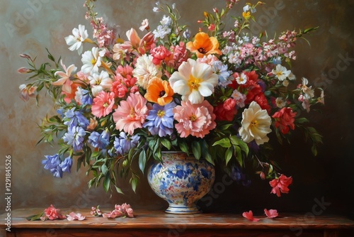 Colorful Bouquet of Flowers in an Ornate Vase on a Wooden Table