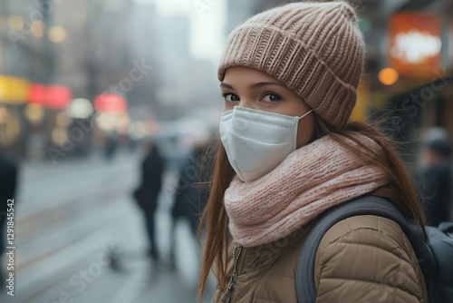 Woman Wearing a Face Mask in a Busy Urban Street During Winter Afternoon