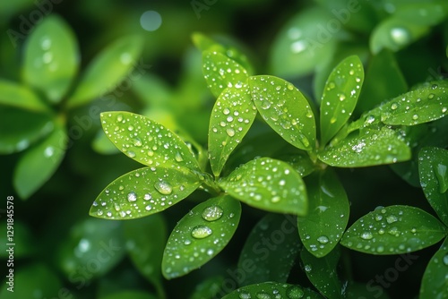 Fresh Green Leaves With Droplets After Rain in a Lush Garden During the Early...