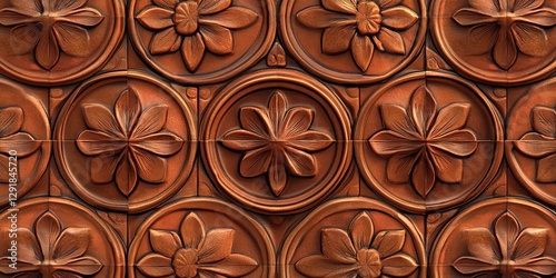 A pattern of terracotta-colored tiles with intricate floral designs, arranged in an overhead view to create the illusion that they form a seamless tile wall texture.