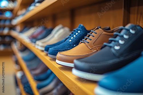 Colorful Collection of Stylish Sneakers Lined up in a Store Display Showcasin...