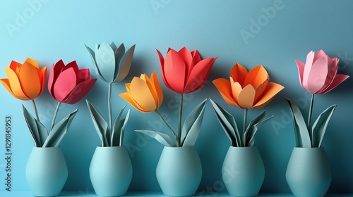 Colorful Paper Flowers in Blue Vases Against a Vibrant Blue Background Showca...